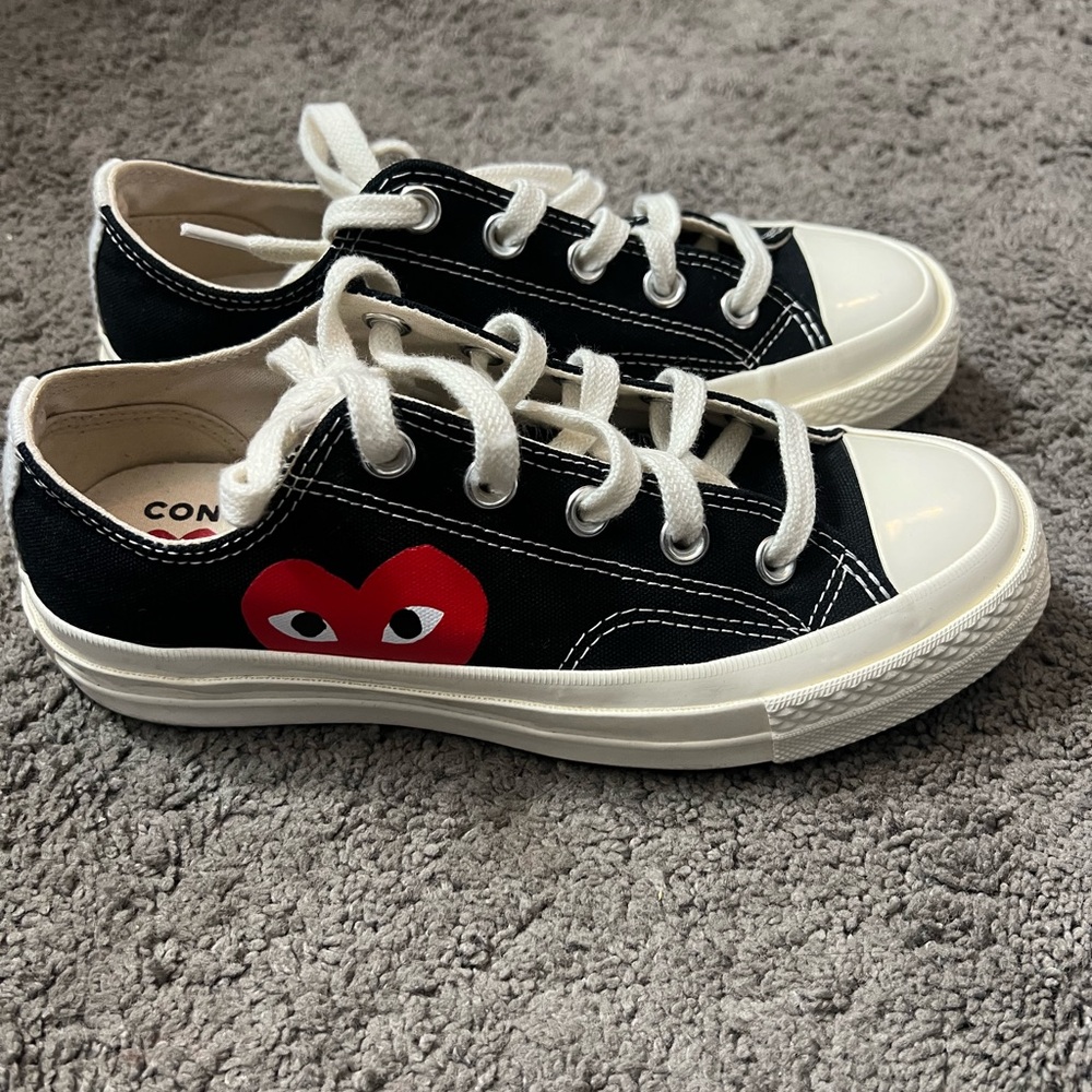 PLAY Converse Black and White Sneakers with Red Heart